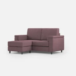 Divano 168x85cm design a due posti con bracciolo squadrato e pouf stoffa idrorepellente prugna DI5