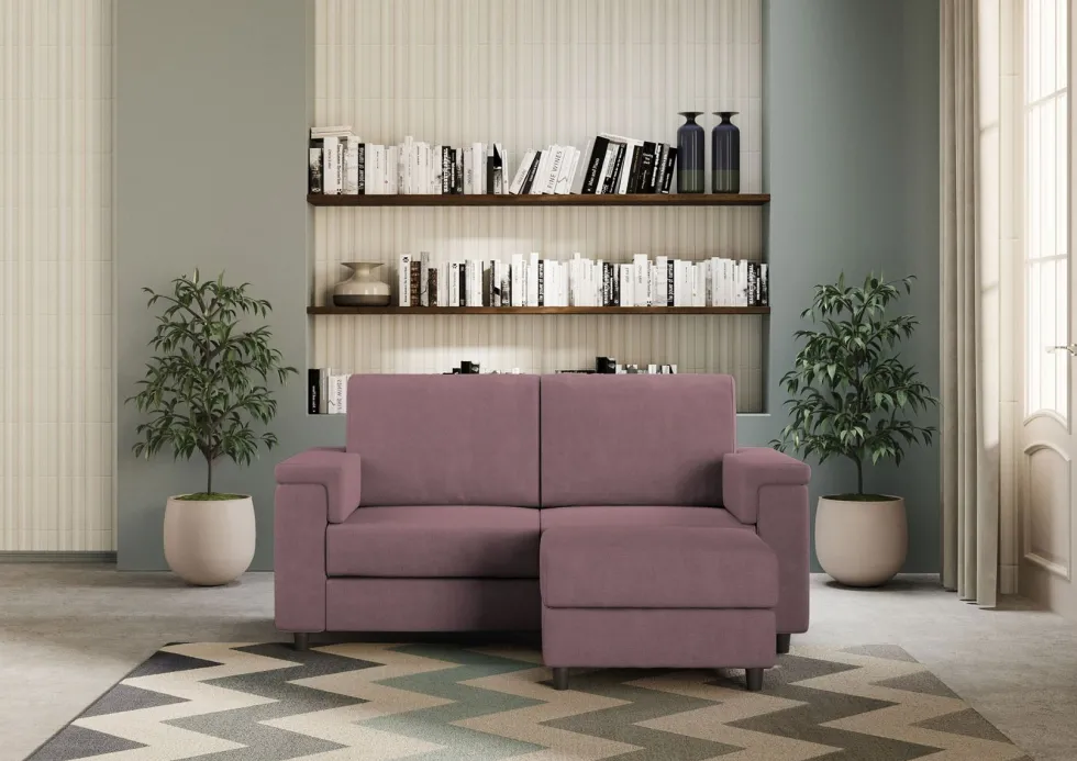 Divano 168x85cm design a due posti con bracciolo squadrato e pouf stoffa idrorepellente prugna DI5