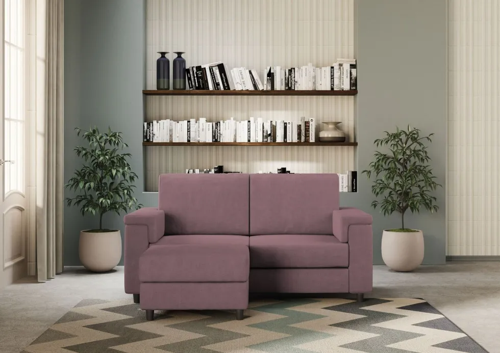 Divano 168x85cm design a due posti con bracciolo squadrato e pouf stoffa idrorepellente prugna DI5