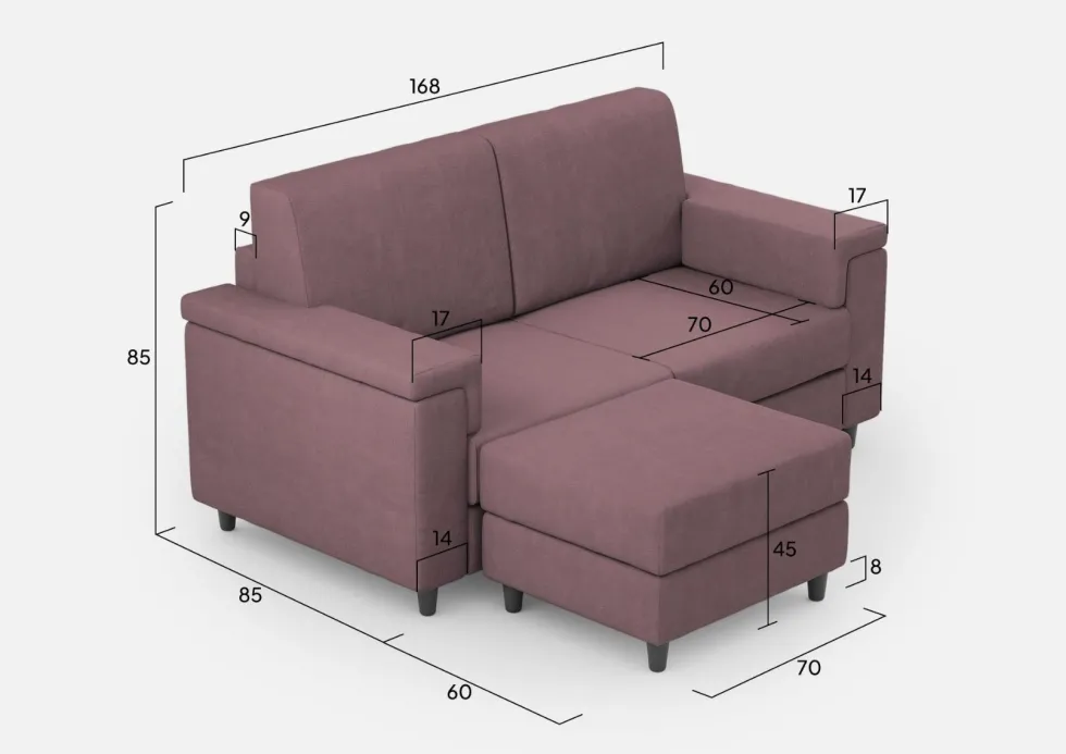 Divano 168x85cm design a due posti con bracciolo squadrato e pouf stoffa idrorepellente prugna DI5