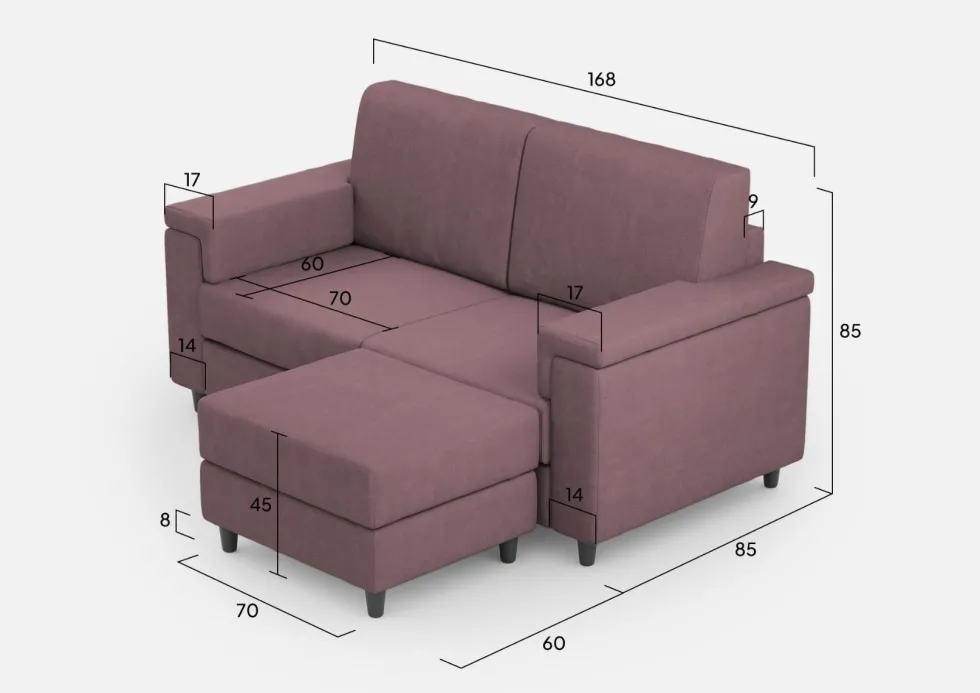 Divano 168x85cm design a due posti con bracciolo squadrato e pouf stoffa idrorepellente prugna DI5