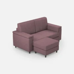 Divano 168x85cm design a due posti con bracciolo squadrato e pouf stoffa idrorepellente prugna DI5