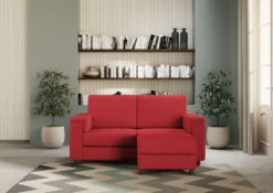 Divano 168x85cm design a due posti con bracciolo squadrato e pouf stoffa idrorepellente rosso DI5