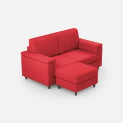 Divano 168x85cm design a due posti con bracciolo squadrato e pouf stoffa idrorepellente rosso DI5