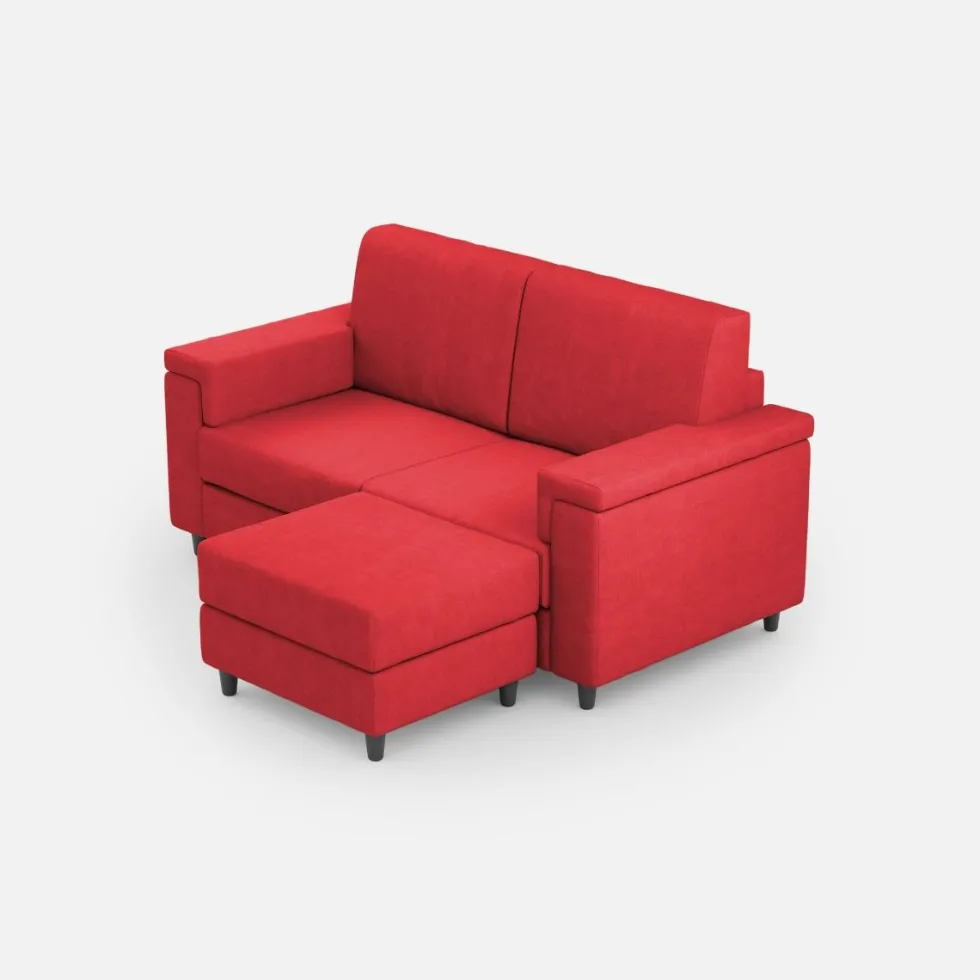 Divano 168x85cm design a due posti con bracciolo squadrato e pouf stoffa idrorepellente rosso DI5
