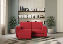 Divano 168x85cm design a due posti con bracciolo squadrato e pouf stoffa idrorepellente rosso DI5
