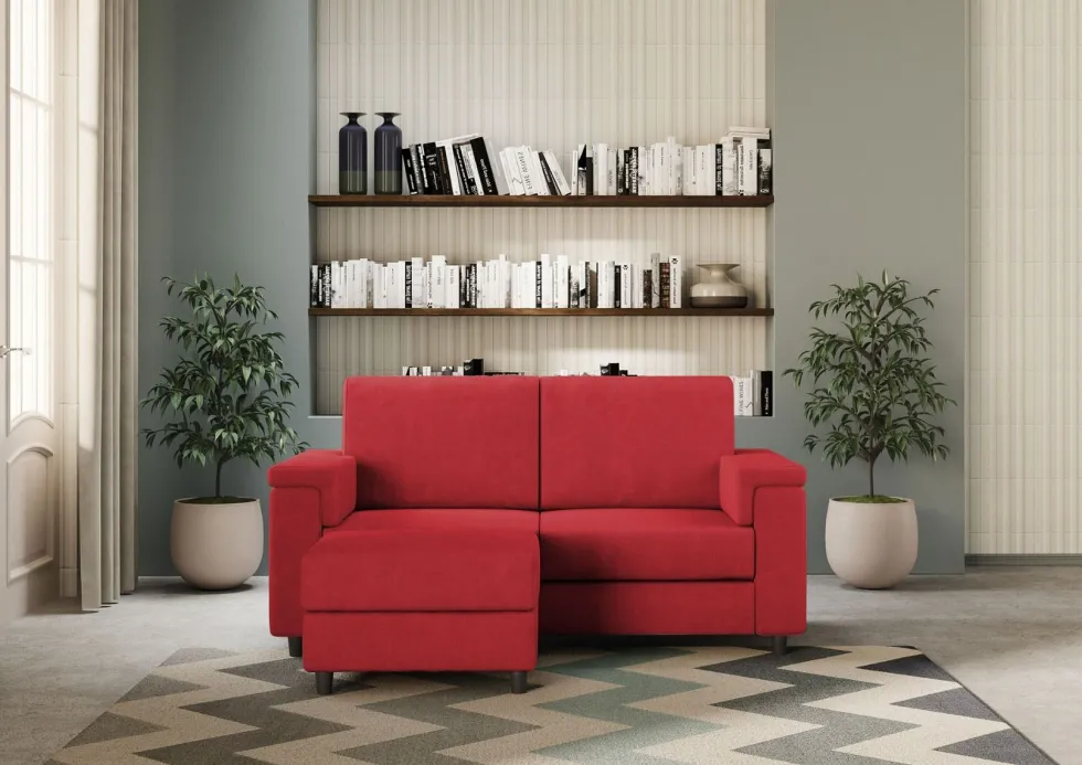Divano 168x85cm design a due posti con bracciolo squadrato e pouf stoffa idrorepellente rosso DI5