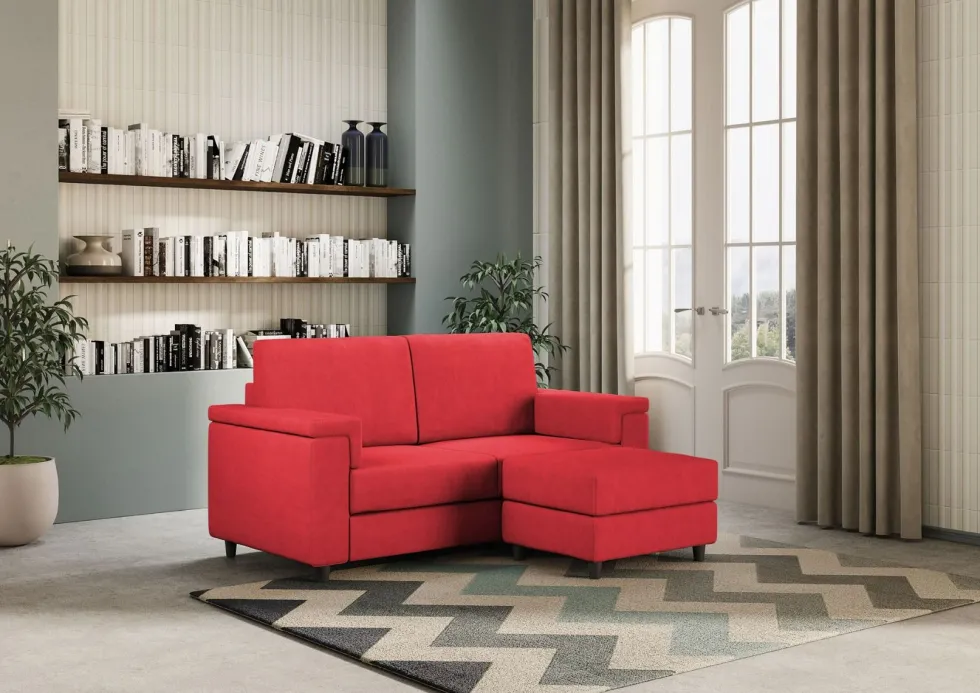 Divano 168x85cm design a due posti con bracciolo squadrato e pouf stoffa idrorepellente rosso DI5