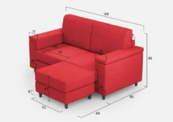 Divano 168x85cm design a due posti con bracciolo squadrato e pouf stoffa idrorepellente rosso DI5