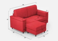 Divano 168x85cm design a due posti con bracciolo squadrato e pouf stoffa idrorepellente rosso DI5