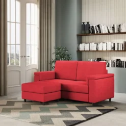 Divano 168x85cm design a due posti con bracciolo squadrato e pouf stoffa idrorepellente rosso DI5