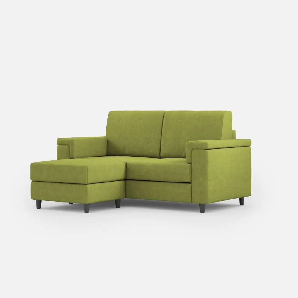 Divano 168x85cm design a due posti con bracciolo squadrato e pouf stoffa idrorepellente verde DI5