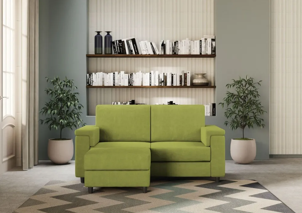 Divano 168x85cm design a due posti con bracciolo squadrato e pouf stoffa idrorepellente verde DI5
