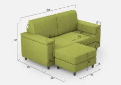 Divano 168x85cm design a due posti con bracciolo squadrato e pouf stoffa idrorepellente verde DI5
