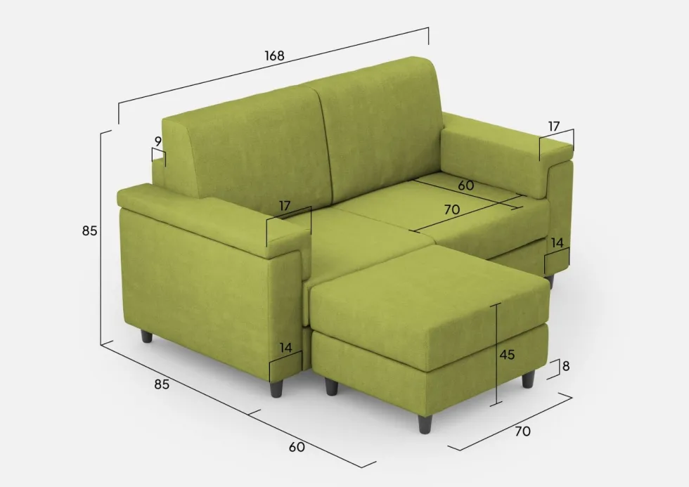 Divano 168x85cm design a due posti con bracciolo squadrato e pouf stoffa idrorepellente verde DI5