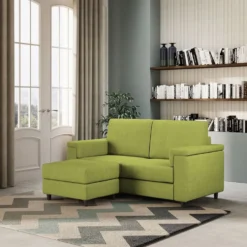 Divano 168x85cm design a due posti con bracciolo squadrato e pouf stoffa idrorepellente verde DI5