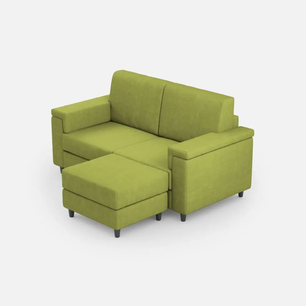 Divano 168x85cm design a due posti con bracciolo squadrato e pouf stoffa idrorepellente verde DI5