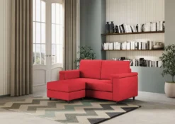 Divano 148x85cm design a due posti con bracciolo squadrato e con pouf rosso DI4