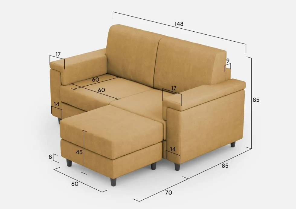 Divano 148x85cm design a due posti con bracciolo squadrato e con pouf ocra DI4