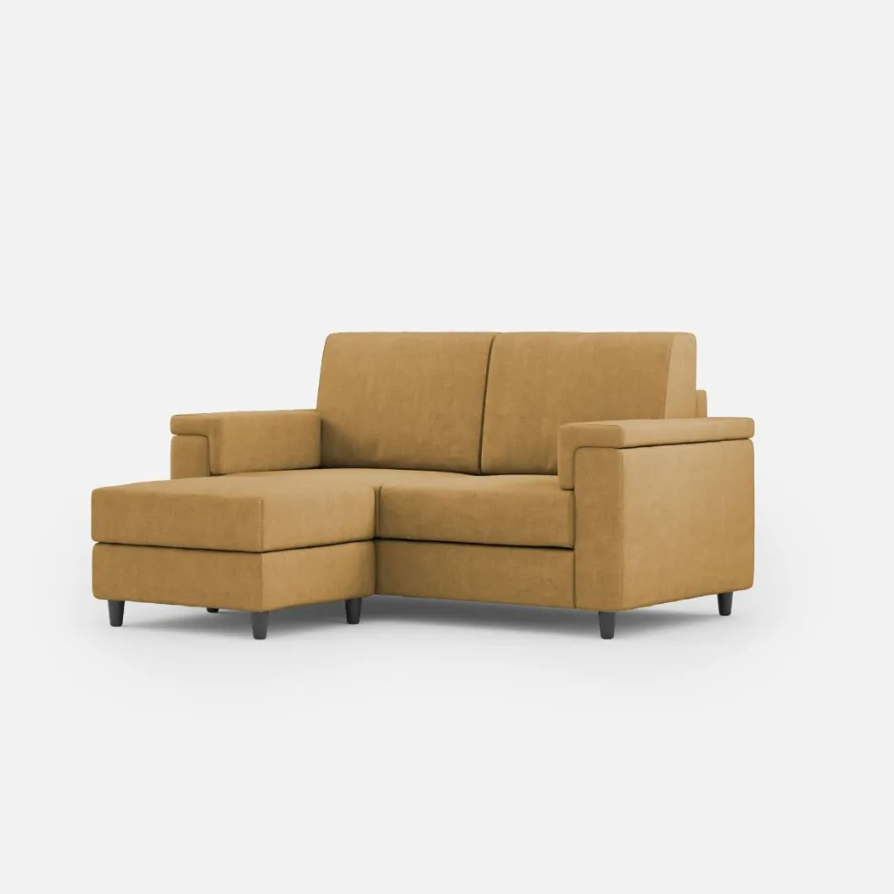 Divano 148x85cm design a due posti con bracciolo squadrato e con pouf ocra DI4