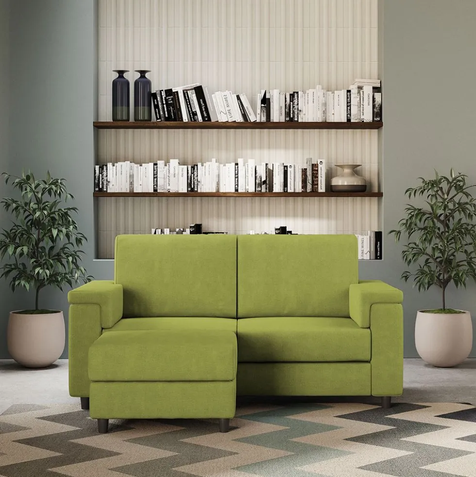 Divano 148x85cm design a due posti con bracciolo squadrato e con pouf verde DI4