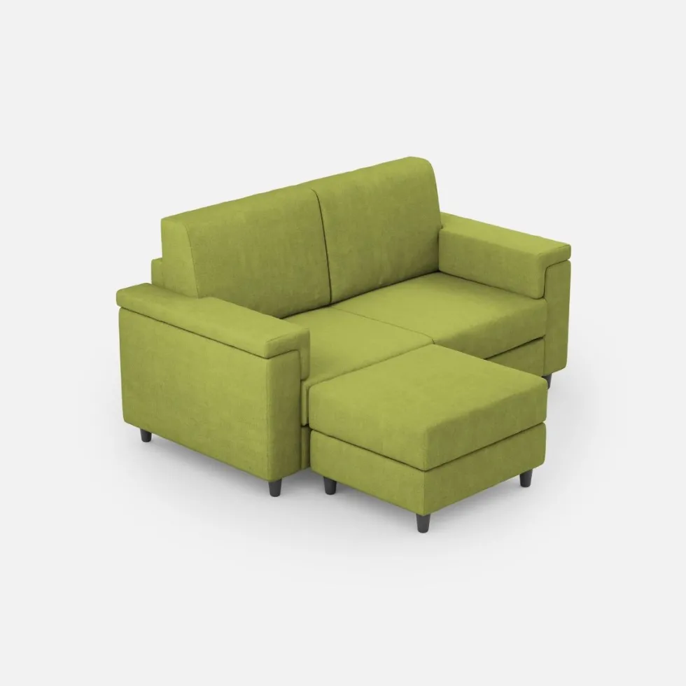 Divano 148x85cm design a due posti con bracciolo squadrato e con pouf verde DI4