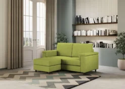 Divano 148x85cm design a due posti con bracciolo squadrato e con pouf verde DI4