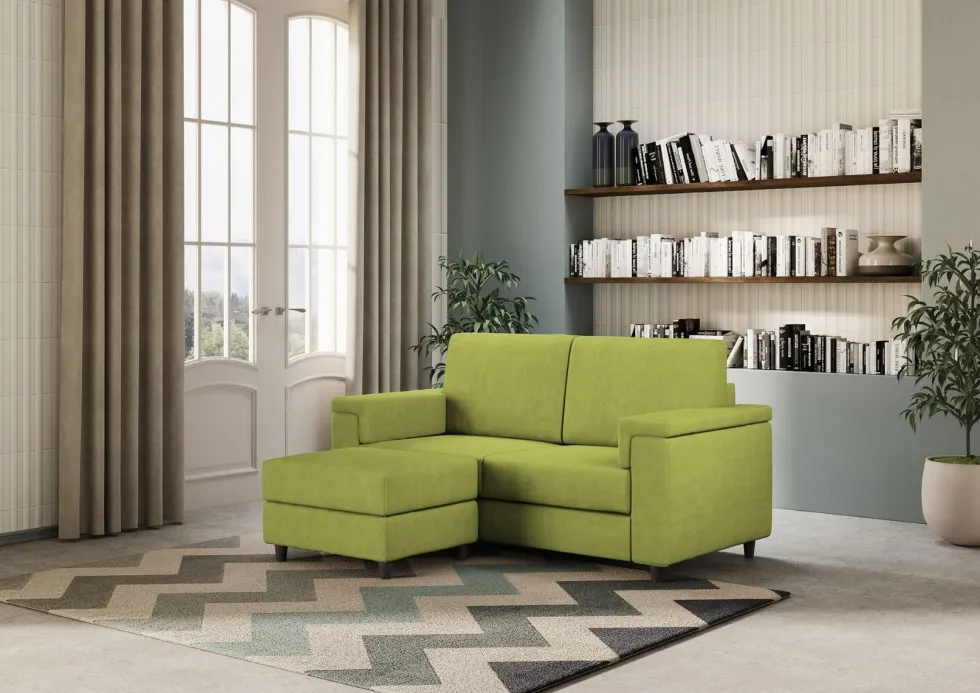 Divano 148x85cm design a due posti con bracciolo squadrato e con pouf verde DI4