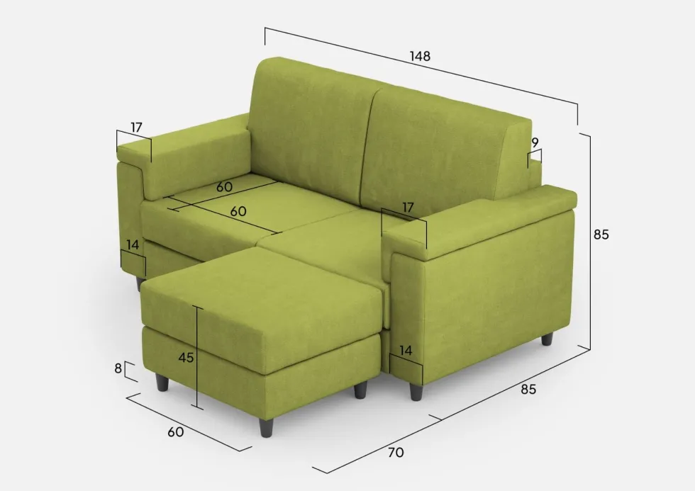 Divano 148x85cm design a due posti con bracciolo squadrato e con pouf verde DI4
