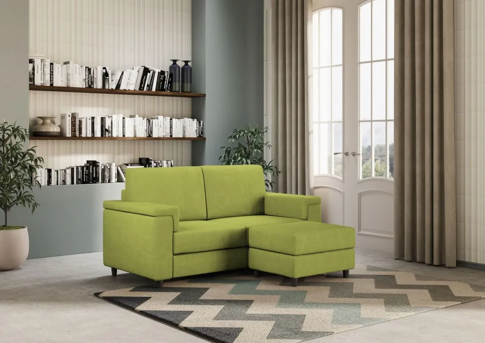 Divano 148x85cm design a due posti con bracciolo squadrato e con pouf verde DI4