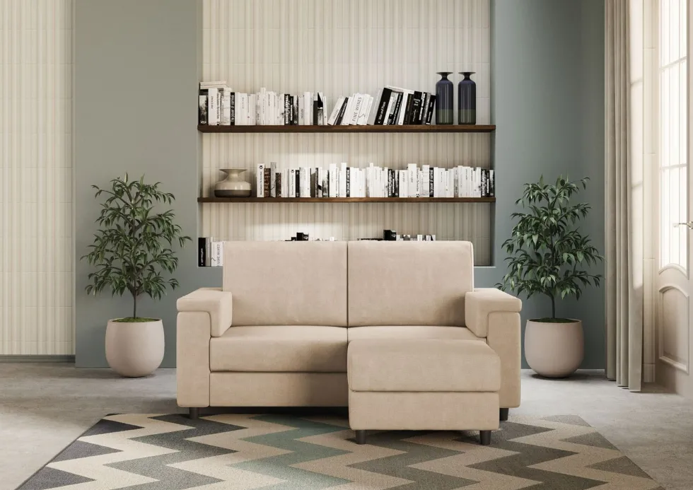Divano 148x85cm design a due posti con bracciolo squadrato e con pouf beige DI4