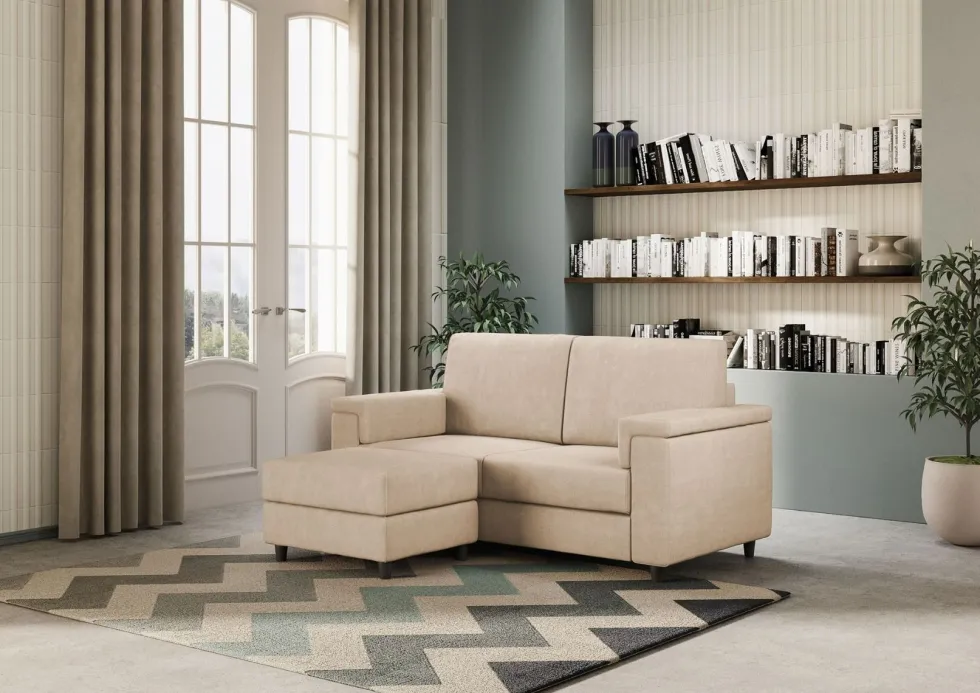 Divano 148x85cm design a due posti con bracciolo squadrato e con pouf beige DI4
