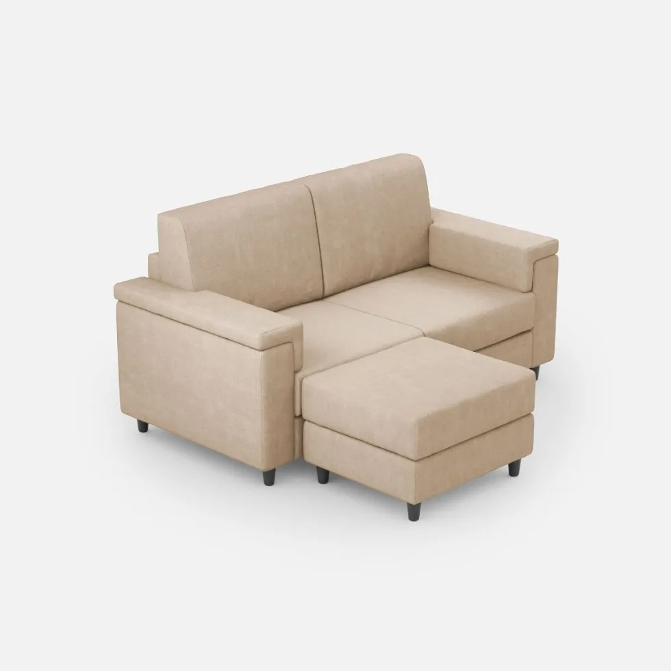 Divano 148x85cm design a due posti con bracciolo squadrato e con pouf beige DI4
