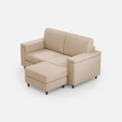 Divano 148x85cm design a due posti con bracciolo squadrato e con pouf beige DI4