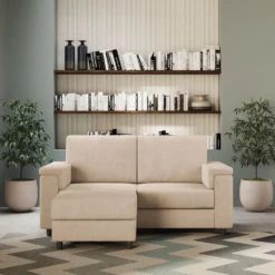Divano 148x85cm design a due posti con bracciolo squadrato e con pouf beige DI4