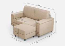 Divano 148x85cm design a due posti con bracciolo squadrato e con pouf beige DI4