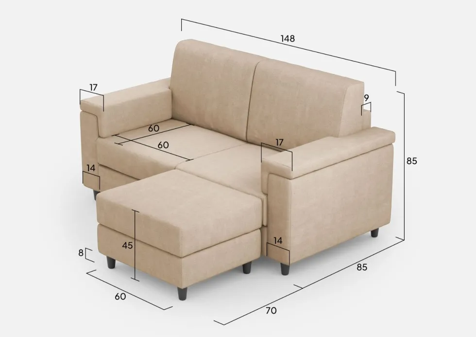 Divano 148x85cm design a due posti con bracciolo squadrato e con pouf beige DI4