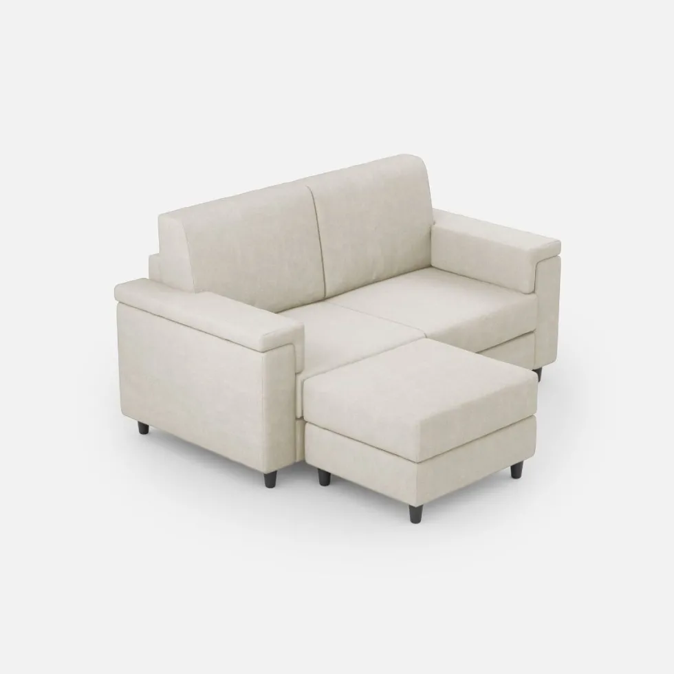 Divano 148x85cm design a due posti con bracciolo squadrato e con pouf bianco latte DI4