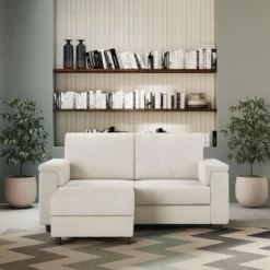 Divano 148x85cm design a due posti con bracciolo squadrato e con pouf bianco latte DI4