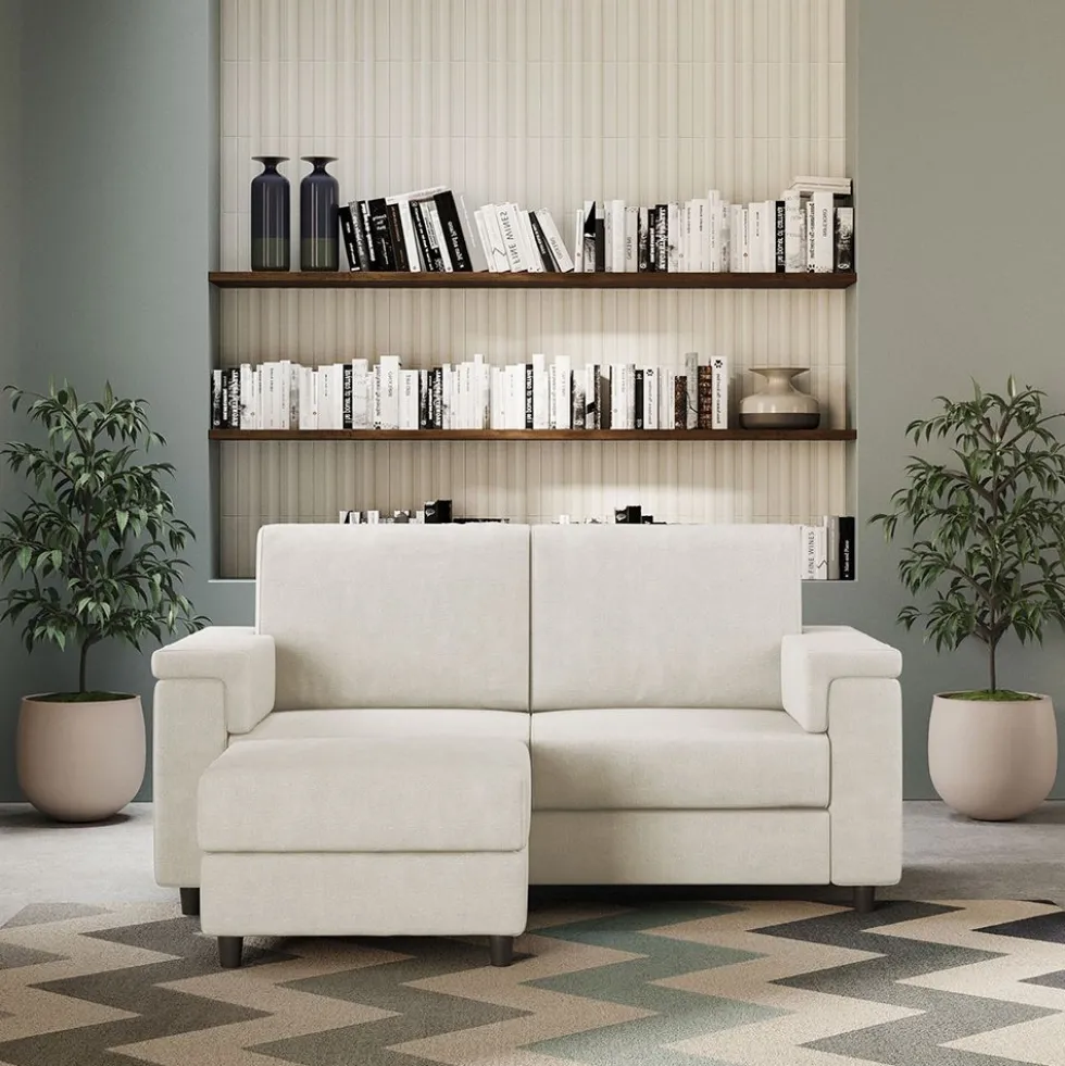 Divano 148x85cm design a due posti con bracciolo squadrato e con pouf bianco latte DI4