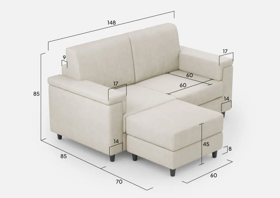 Divano 148x85cm design a due posti con bracciolo squadrato e con pouf bianco latte DI4