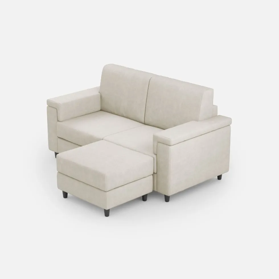 Divano 148x85cm design a due posti con bracciolo squadrato e con pouf bianco latte DI4