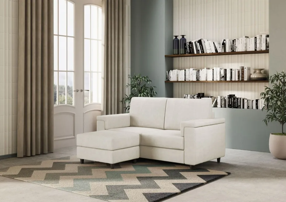 Divano 148x85cm design a due posti con bracciolo squadrato e con pouf bianco latte DI4