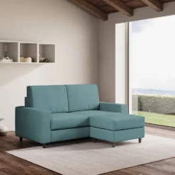 Divano 148x85cm design a due posti con bracciolo squadrato idrorepellente e pouf blu petrolio DI15