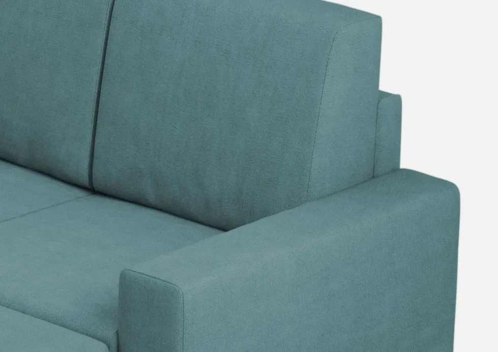 Divano 148x85cm design a due posti con bracciolo squadrato idrorepellente e pouf blu petrolio DI15