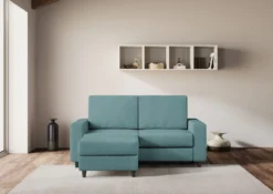 Divano 148x85cm design a due posti con bracciolo squadrato idrorepellente e pouf blu petrolio DI15