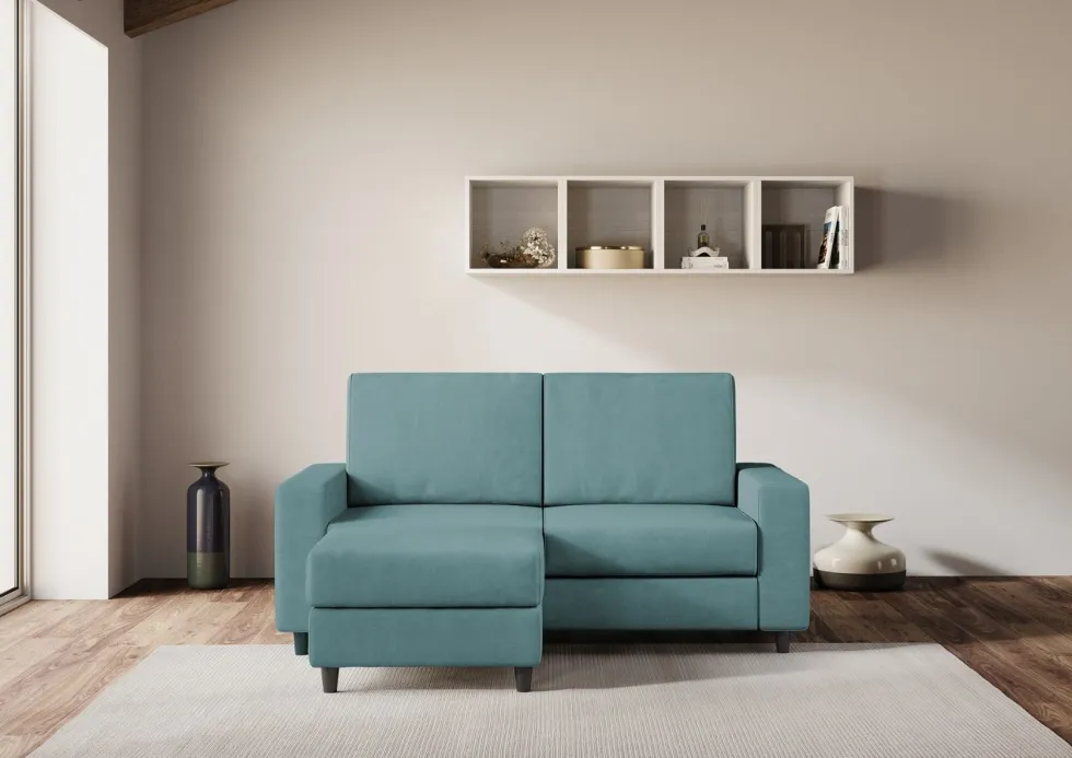 Divano 148x85cm design a due posti con bracciolo squadrato idrorepellente e pouf blu petrolio DI15