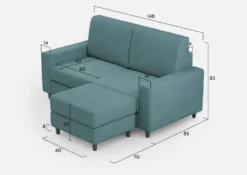 Divano 148x85cm design a due posti con bracciolo squadrato idrorepellente e pouf blu petrolio DI15