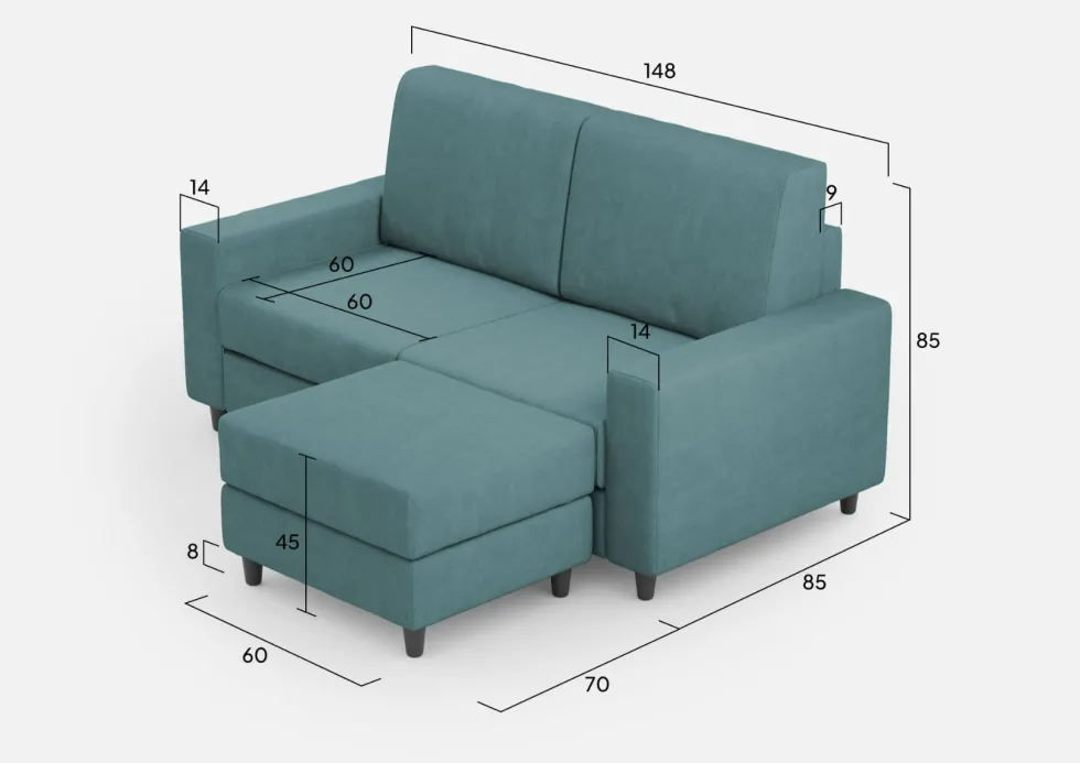 Divano 148x85cm design a due posti con bracciolo squadrato idrorepellente e pouf blu petrolio DI15