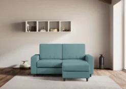 Divano 148x85cm design a due posti con bracciolo squadrato idrorepellente e pouf blu petrolio DI15
